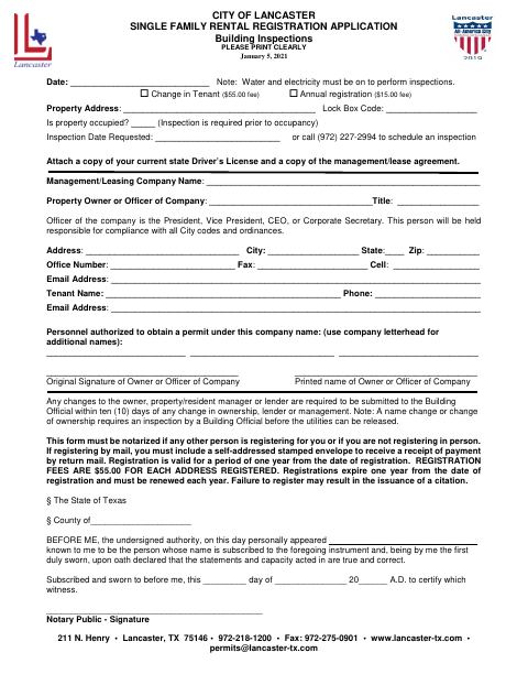 First page of the Single Family Rental Registration Application