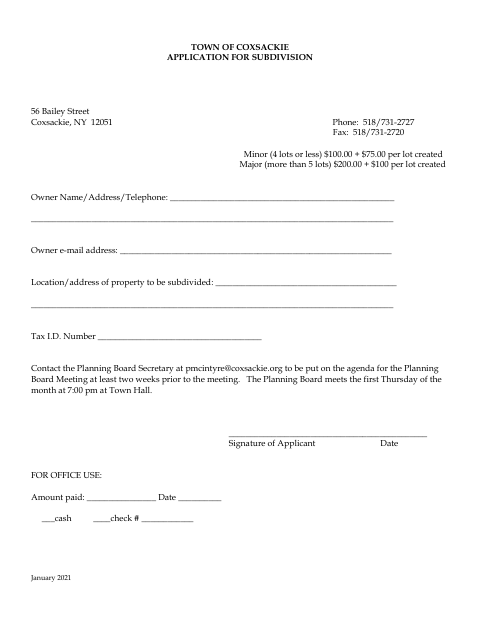 First page of the Application for Subdivision