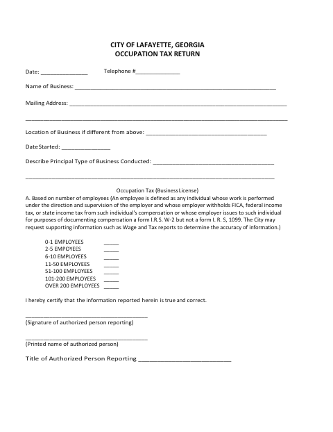 First page of the Business License Occupation Tax Return