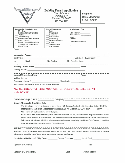 First page of the Building Permit Application