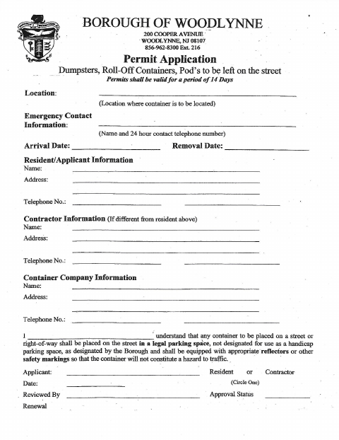 First page of the Dumpster Permit Application