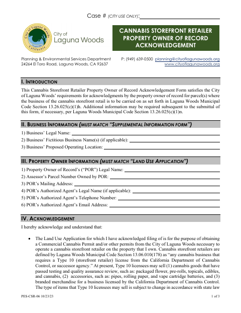 First page of the Cannabis Storefront Retailer Property Owner of Record Acknowledgement