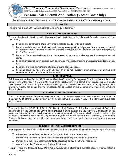 First page of the Seasonal Sales Permit Application (Vacant Lots Only)