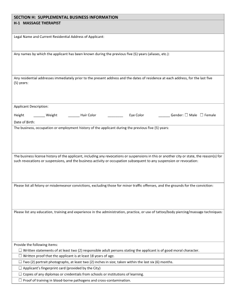 First page of the Massage Therapist Supplemental Business Information Form