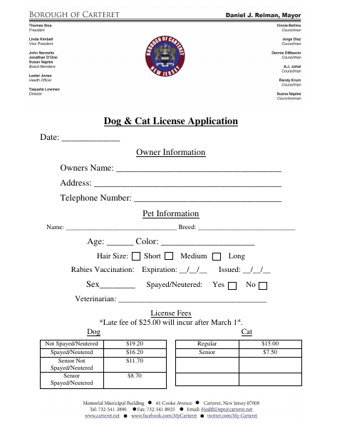 First page of the Dog & Cat License Application