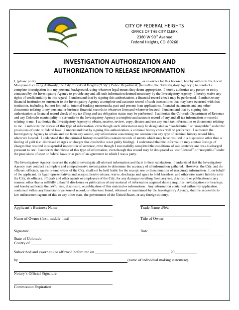 First page of the Investigation Authorization and Authorization to Release Information