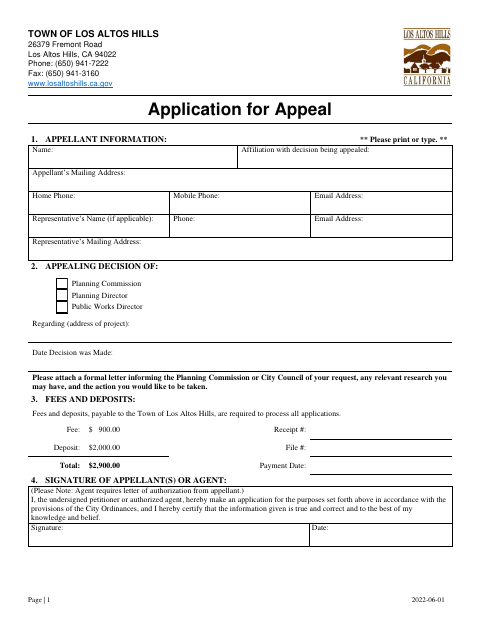 First page of the Application for Appeal