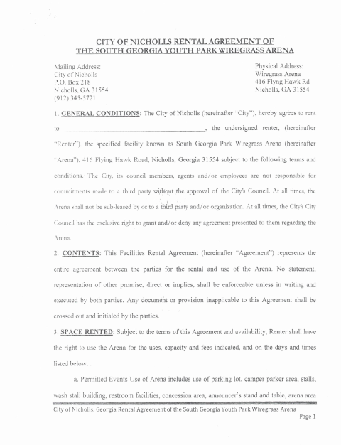 First page of the South Georgia Youth Park Wiregrass Arena Rental Agreement