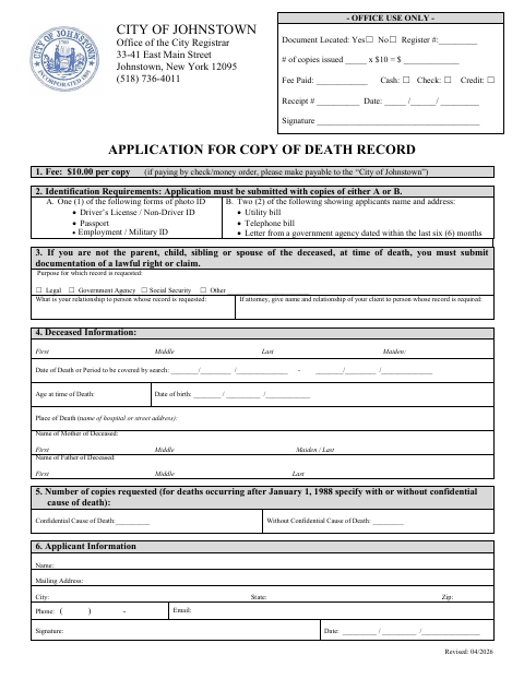First page of the Application for Copy of Death Record