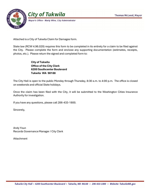 First page of the Claim for Damages