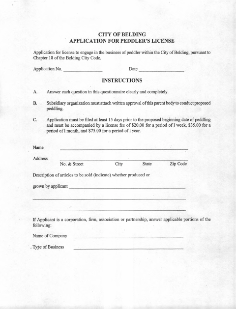 First page of the Peddler's License Application