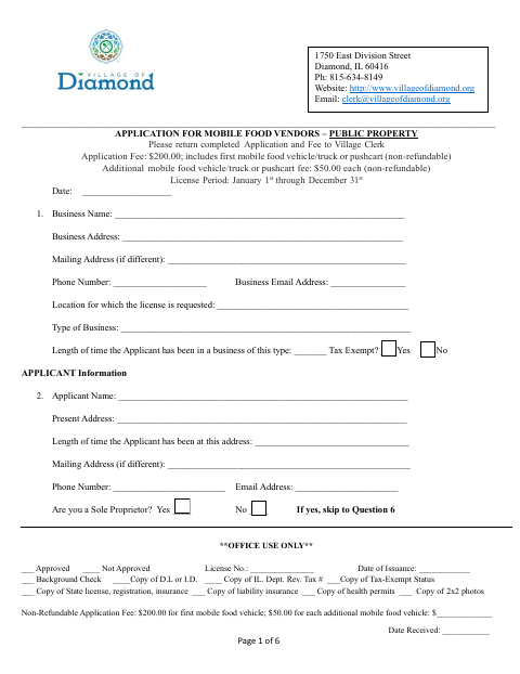 First page of the Mobile Food Vendors Public Property Application