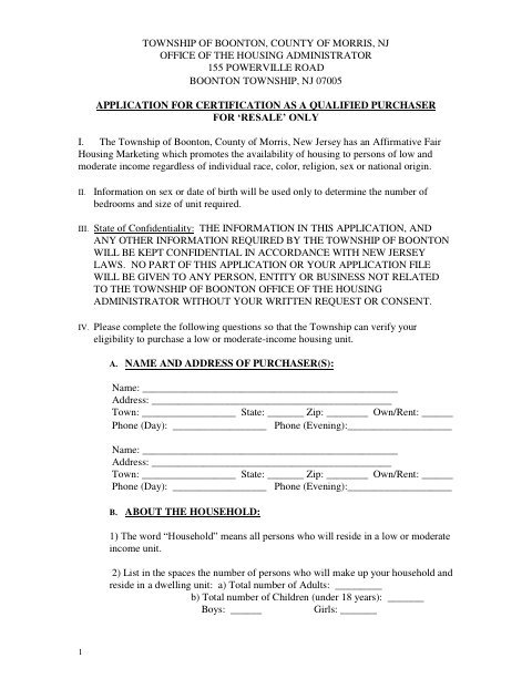 First page of the Application for Certification as a Qualified Purchaser for Resale Only