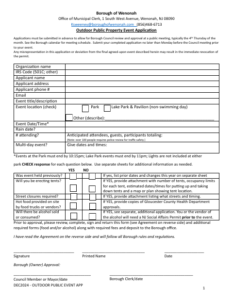 First page of the Outdoor Public Property Event Application