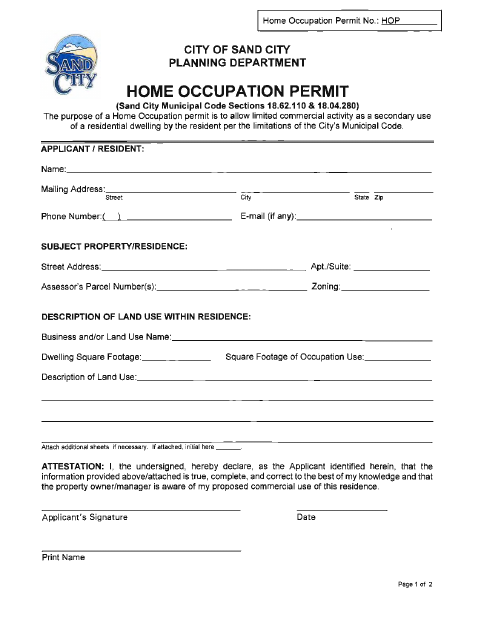 First page of the Home Occupation Permit Application