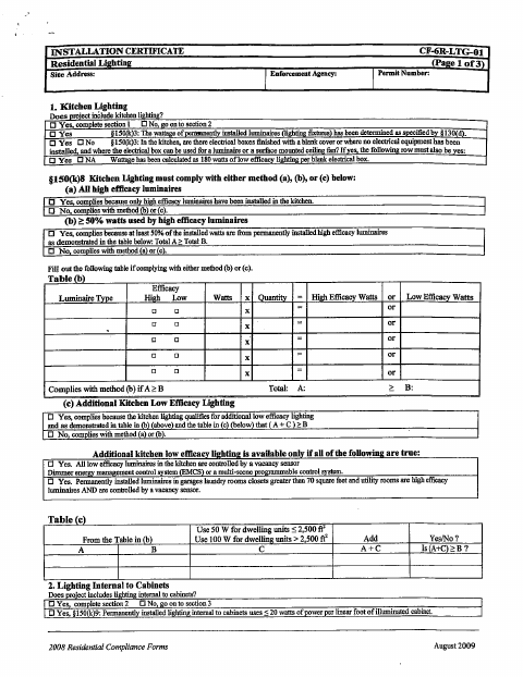 First page of the Residential Lighting Certificate