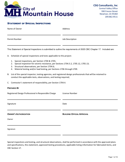 First page of the Statement of Special Inspections