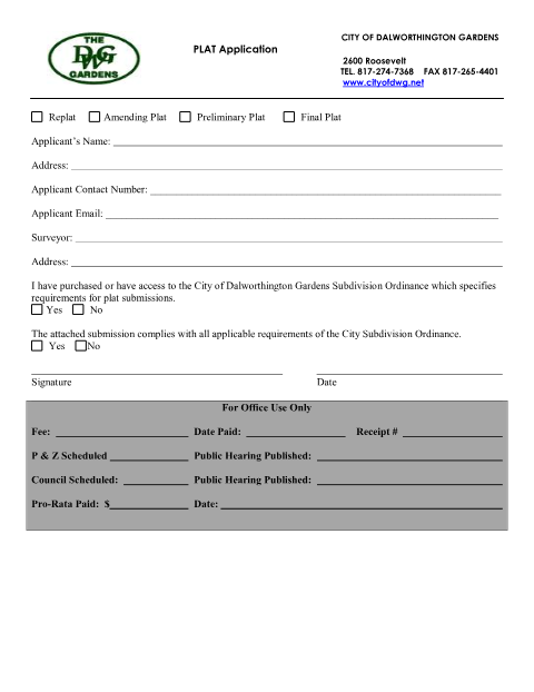 First page of the Plat Application