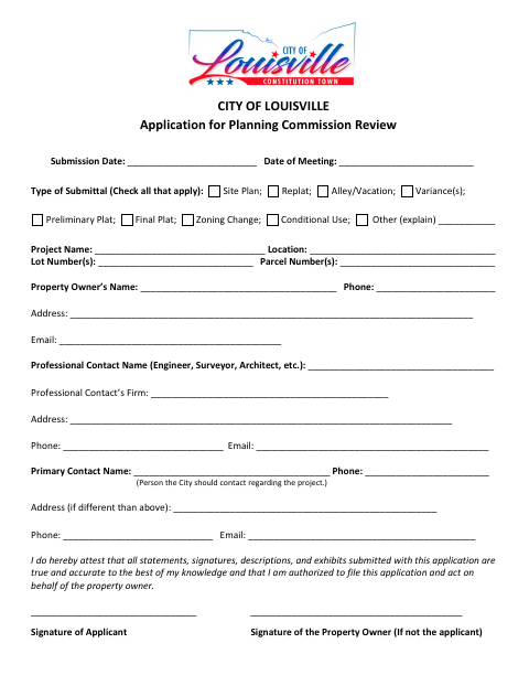 First page of the Application for Planning Commission Review