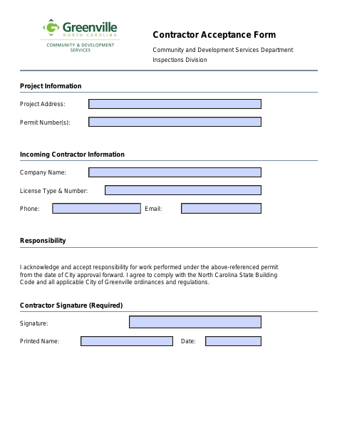First page of the Contractor Acceptance Form