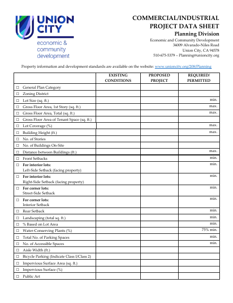 First page of the Commercial/Industrial Project Data Sheet