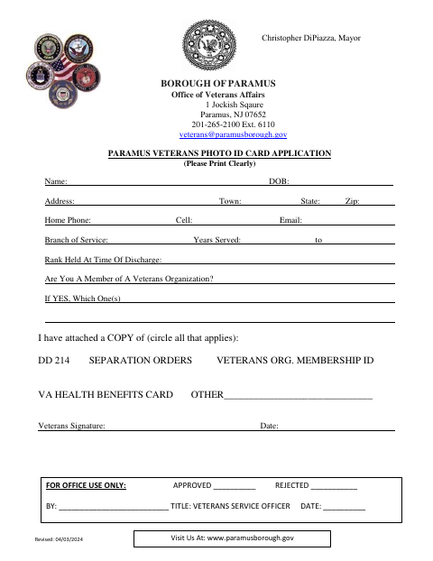 First page of the Paramus Veterans Photo ID Card Application