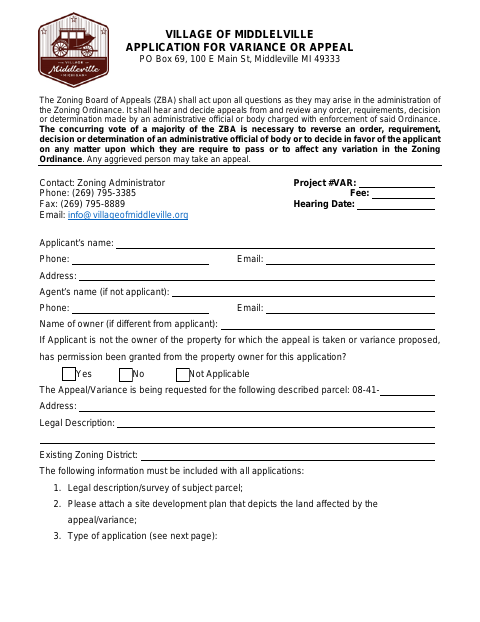 First page of the Application for Variance or Appeal