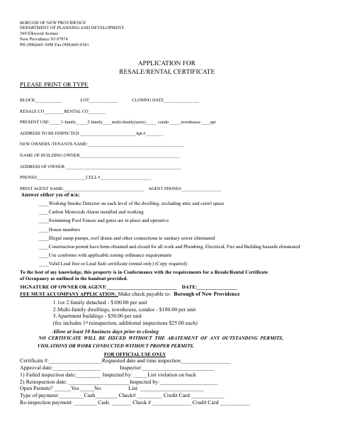 First page of the Application for Resale/Rental Certificate