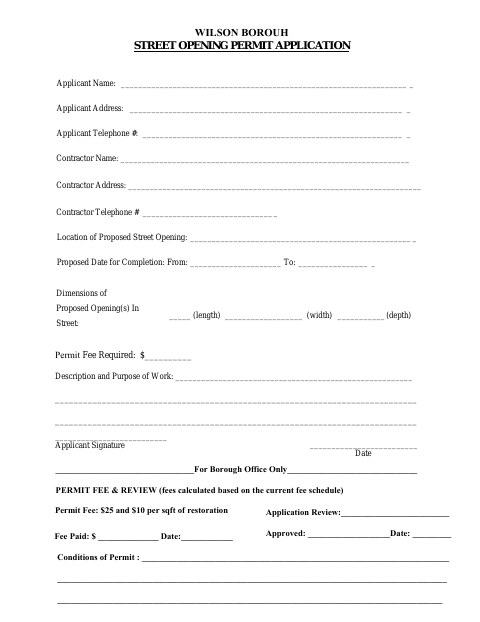 First page of the Street Opening Permit Application