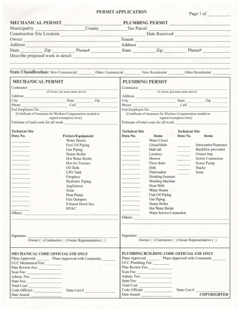 First page of the Mechanical and Plumbing Permit Application