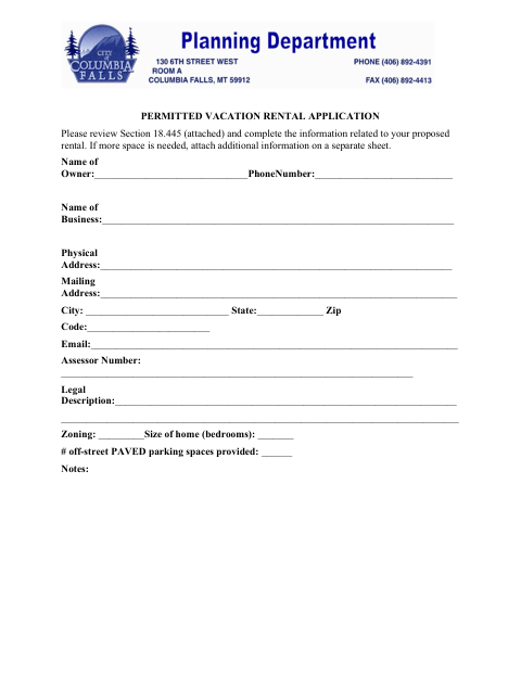 First page of the Permitted Vacation Rental Application