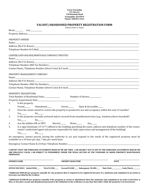 First page of the Vacant/Abandoned Property Registration Form