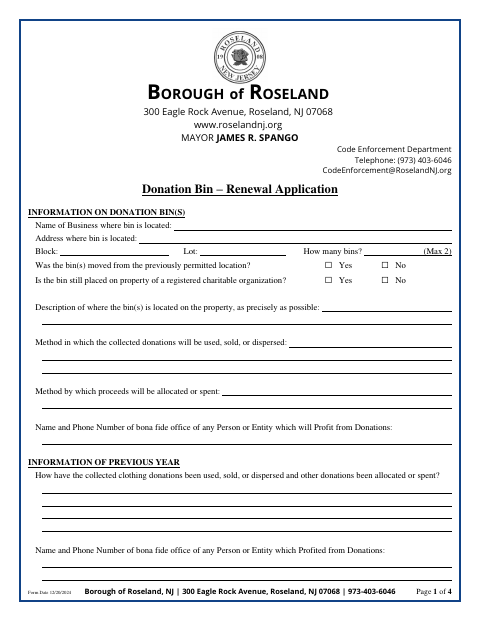 First page of the Donation Bin Renewal Application