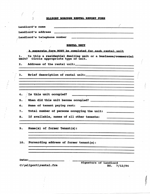 First page of the Rental Report Form