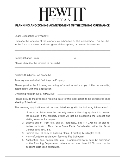 First page of the Application for Amendment of the Zoning Ordinance