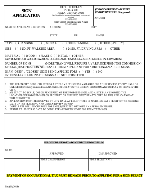 First page of the Sign Permit Application