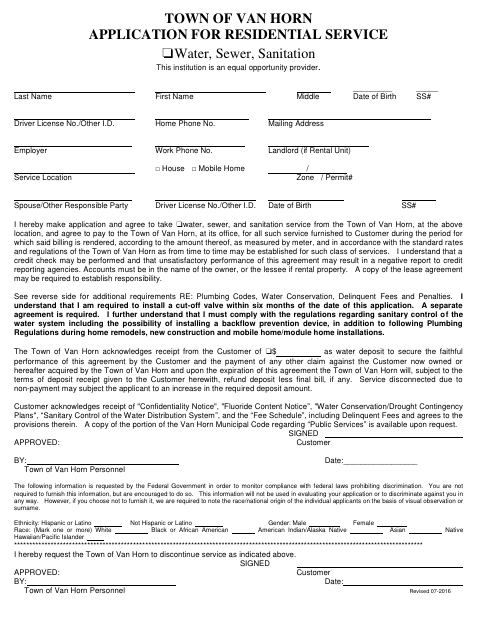 First page of the Application for Residential Service