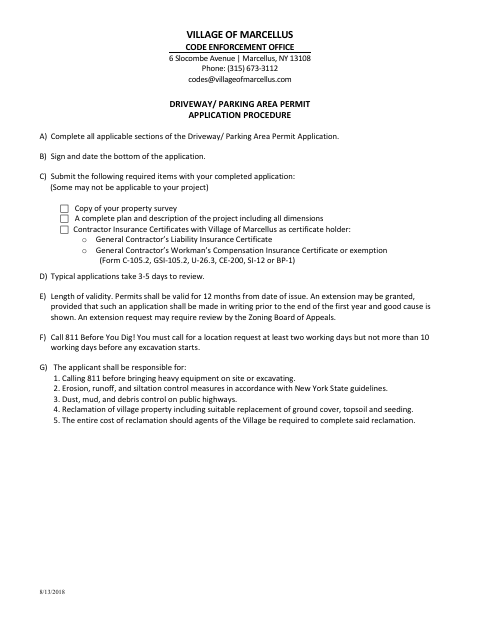 First page of the Driveway / Parking Area Permit Application