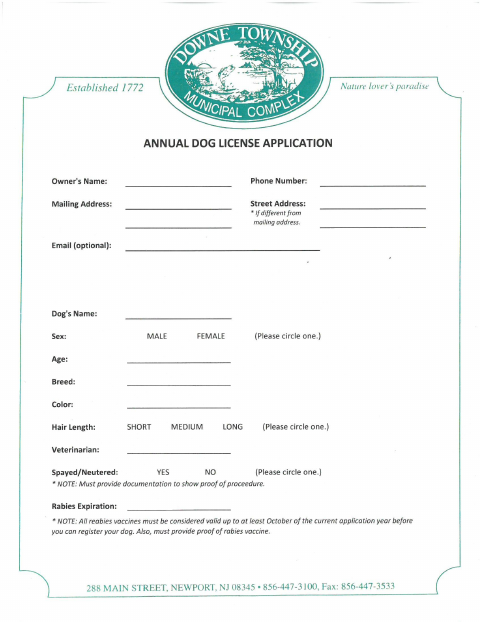 First page of the Township Dog License Application