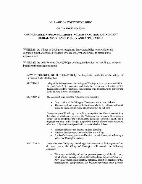 First page of the Indigent Burial Assistance Application and Affidavit