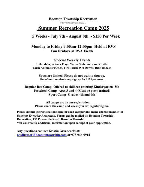 First page of the Summer Camp Registration 2025