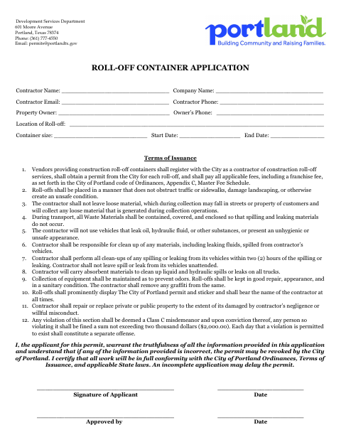 First page of the Roll-Off Container Application