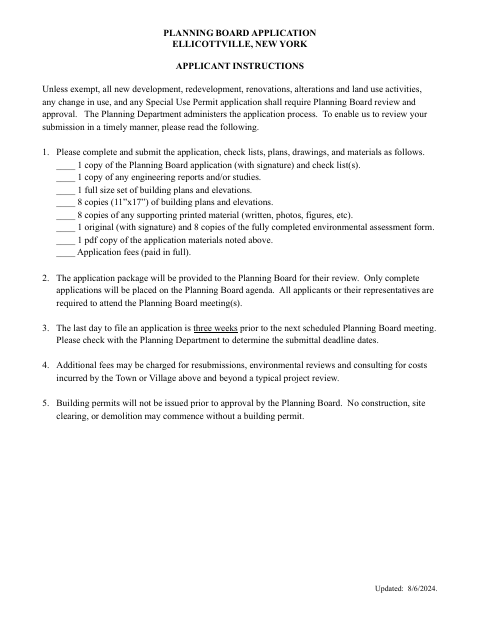 First page of the Planning Board Application