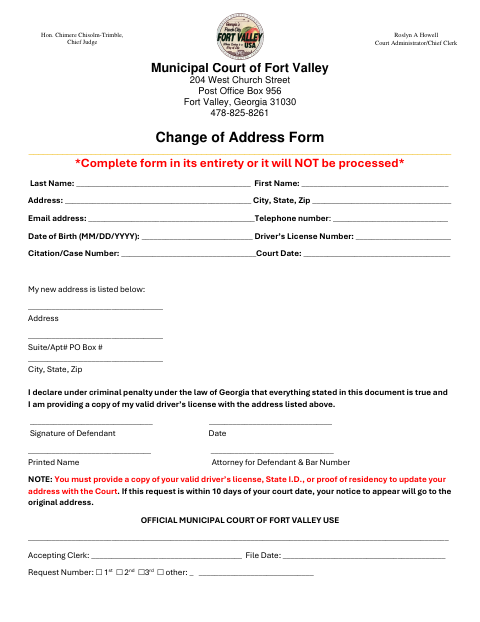 First page of the Change of Address Form