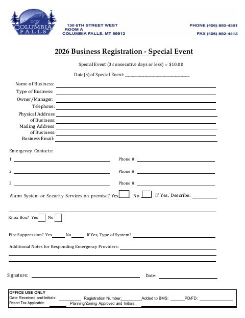 First page of the Business Registration – Special Event 2026