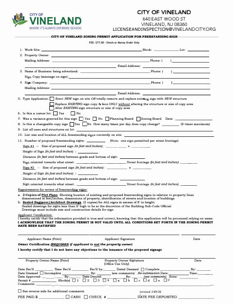 First page of the Zoning Permit Application for Freestanding Sign