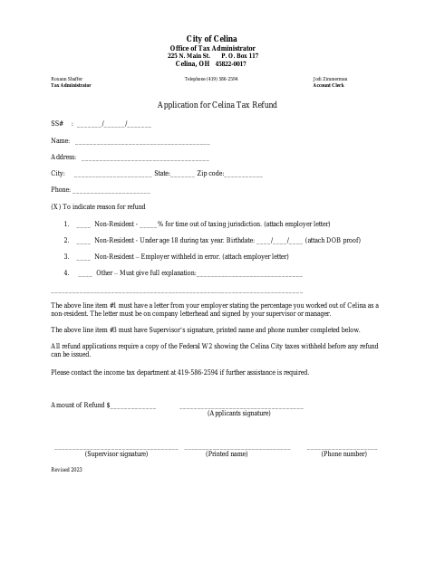First page of the Application for Celina Tax Refund