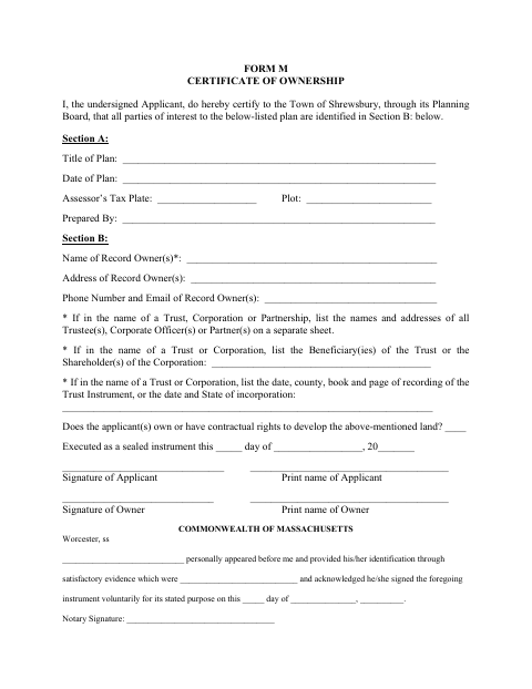 First page of the Form M Certificate of Ownership