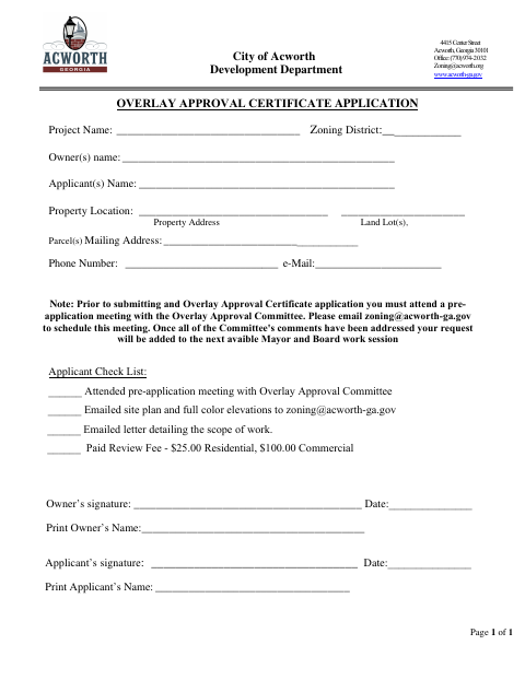 First page of the Overlay Approval Certificate Application