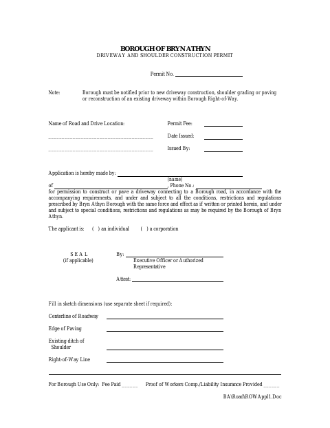 First page of the Driveway and Shoulder Construction Permit